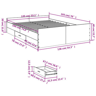 vidaXL Rám postele se zásuvkami černý 135 x 190 cm kompozitní dřevo