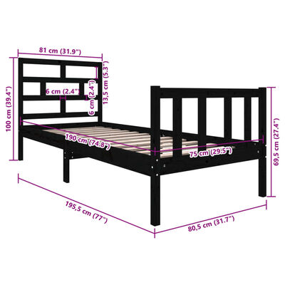 vidaXL Rám postele černý masivní borovice 75 x 190 cm malé jednolůžko