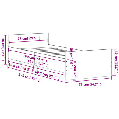 vidaXL Rám postele bez matrace kouřový dub 75x190 cm kompozitní dřevo