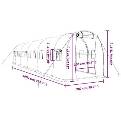 vidaXL Skleník s ocelovým rámem zelený 20 m² 10 x 2 x 2 m