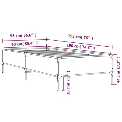 vidaXL Rám postele šedý sonoma 90 x 190 cm kompozitní dřevo a kov