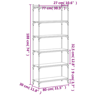 vidaXL Knihovna s 6 policemi kouřový dub 80x30x188 cm kompozitní dřevo