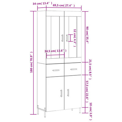 vidaXL Skříň highboard šedá sonoma 69,5 x 34 x 180 cm kompozitní dřevo