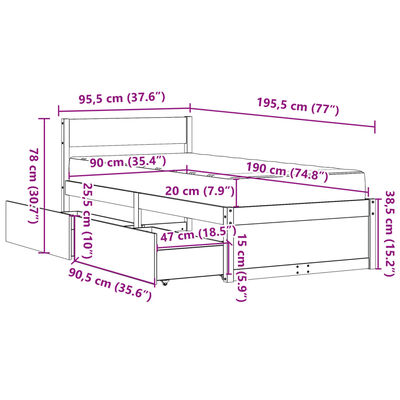 vidaXL Postel se zásuvkami a matrací 90 x 190 cm masivní borovice