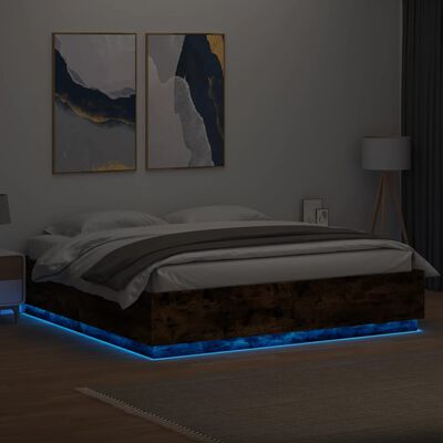 vidaXL Rám postele s LED osvětlením kouřový dub 200 x 200 cm kompozit