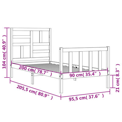 vidaXL Rám postele s čelem bílý 90 x 200 cm masivní dřevo