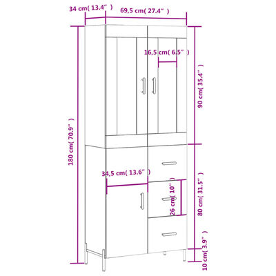 vidaXL Skříň highboard hnědý dub 69,5 x 34 x 180 cm kompozitní dřevo