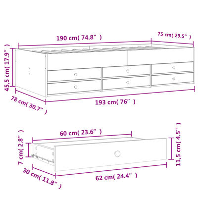 vidaXL Válenda se zásuvkami bez matrace kouřový dub 75 x 190 cm