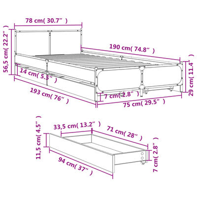 vidaXL Rám postele se zásuvkami šedý sonoma 75x190 cm kompozitní dřevo