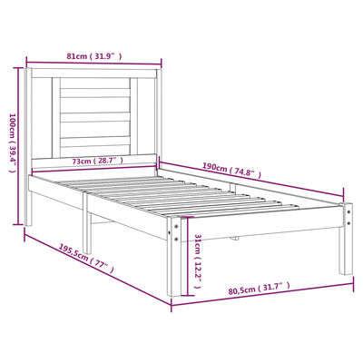 vidaXL Rám postele bílý masivní dřevo 75 x 190 cm malé jednolůžko