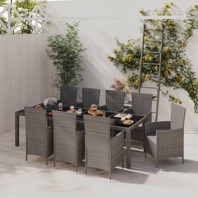 vidaXL 9dílný zahradní jídelní set s poduškami polyratan šedý