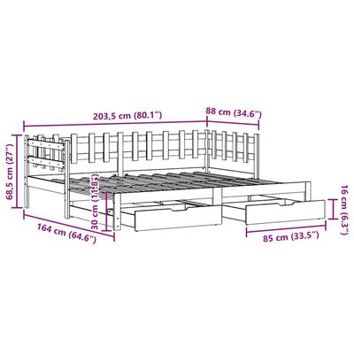 vidaXL Válenda s přistýlkou a zásuvkami 80 x 200 cm masivní borovice