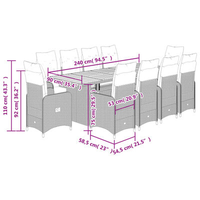 vidaXL 11dílný zahradní bistro set s poduškami šedý polyratan