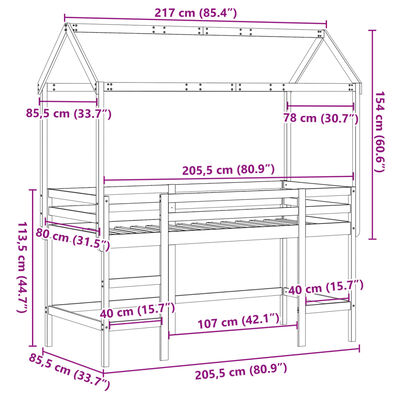 vidaXL Patrová postel s žebříkem a střechou 80 x 200 cm borovice