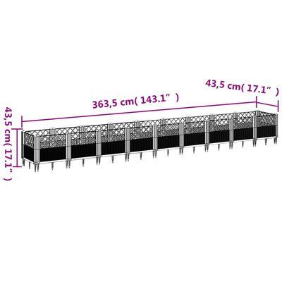 vidaXL Zahradní truhlík s kolíky černý 363,5 x 43,5 x 43,5 cm PP