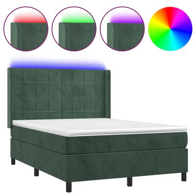 vidaXL Box spring postel s matrací a LED tmavě zelená 140x190 cm samet