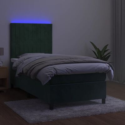 vidaXL Box spring postel s matrací a LED tmavě zelená 90x190 cm samet