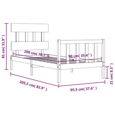 vidaXL Rám postele s čelem bílý 90 x 200 cm masivní dřevo