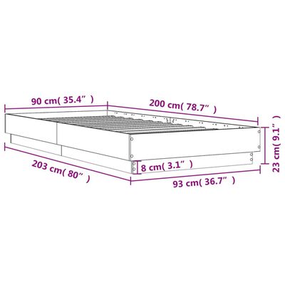 vidaXL Rám postele s LED osvětlením hnědý dub 90 x 200 cm