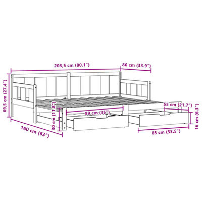 vidaXL Válenda s přistýlkou a zásuvkami 80 x 200 cm masivní borovice