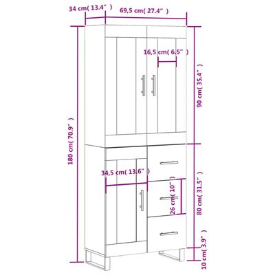 vidaXL Skříň highboard hnědý dub 69,5 x 34 x 180 cm kompozitní dřevo