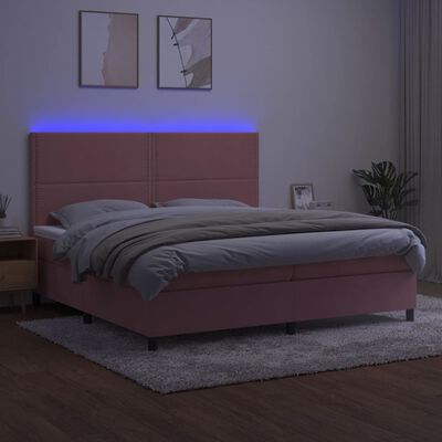 vidaXL Box spring postel s matrací a LED růžová 200x200 cm samet