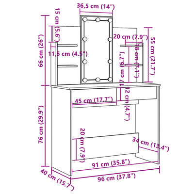 vidaXL Toaletní stolek s LED osvětlením kouřový dub 96 x 40 x 142 cm