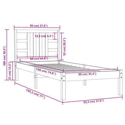 vidaXL Rám postele bílý masivní dřevo 90 x 190 cm jednolůžko