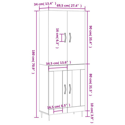 vidaXL Skříň highboard bílá 69,5 x 34 x 180 cm kompozitní dřevo