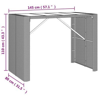 vidaXL Barový stůl se skleněnou deskou černý 145x80x110 cm polyratan