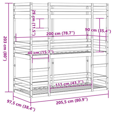 vidaXL Třípatrová postel 90 x 200 cm masivní borové dřevo