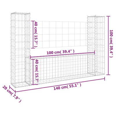 vidaXL Gabionový koš ve tvaru U se 2 sloupky železo 140 x 20 x 100 cm