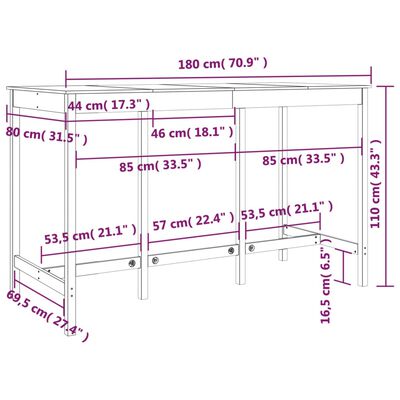 vidaXL Barový stůl bílý 180 x 80 x 110 cm masivní borové dřevo