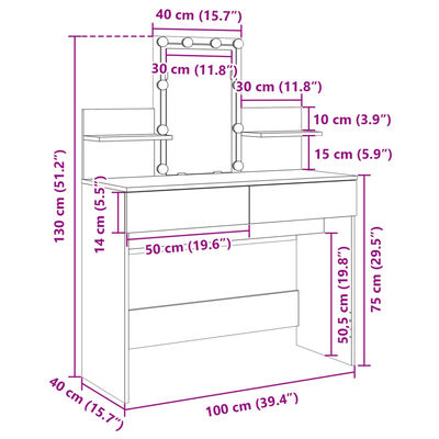 vidaXL Toaletní stolek s LED kouřový dub 100 x 40 x 130 cm