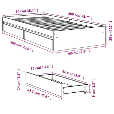 vidaXL Rám postele se zásuvkami kouřový dub 90x200 cm kompozitní dřevo