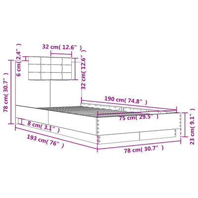 vidaXL Rám postele s čelem a LED osvětlením hnědý dub 75 x 190 cm