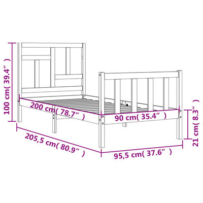 vidaXL Rám postele s čelem 90 x 200 cm masivní dřevo