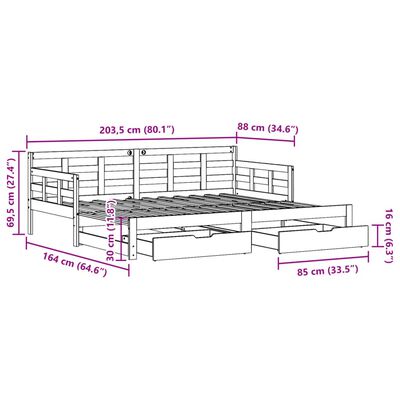 vidaXL Válenda s přistýlkou a zásuvkami 80 x 200 cm masivní borovice