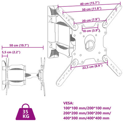 vidaXL Nástěnný držák na TV 32"–55" Max VESA 400 x 400 mm 35 kg