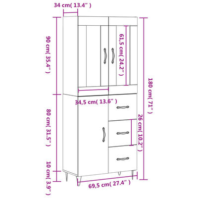 vidaXL Skříň highboard bílá 69,5 x 34 x 180 cm kompozitní dřevo