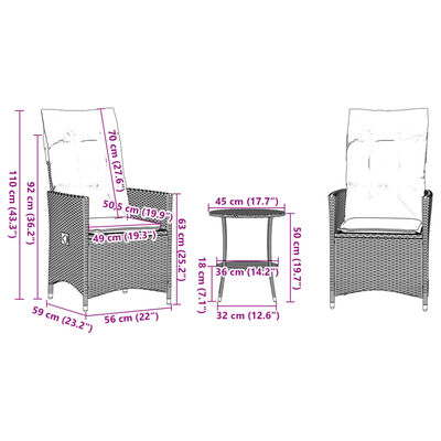 vidaXL 3dílný bistro set s poduškami černý polyratan