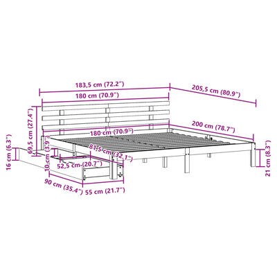 vidaXL Rám postele se zásuvkami bílý 180 x 200 cm masivní borovice