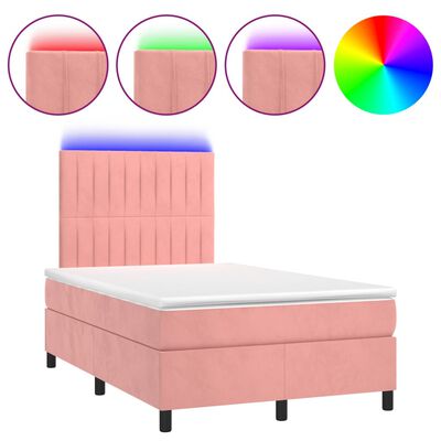 vidaXL Box spring postel s matrací a LED růžová 120x200 cm samet