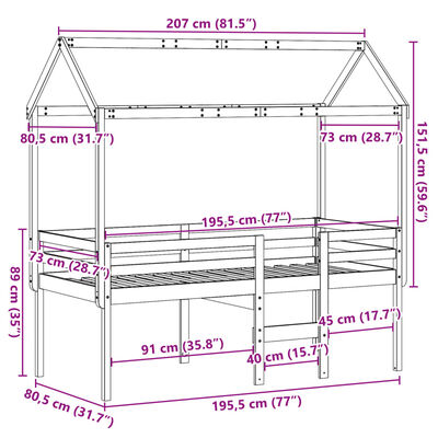 vidaXL Patrová postel se střechou voskově hnědá 75 x 190 cm borovice