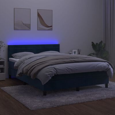 vidaXL Box spring postel s matrací a LED tmavě modrá 140x190 cm samet