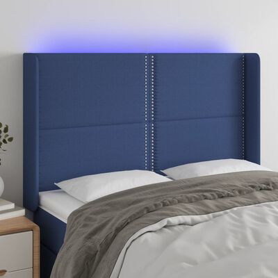 vidaXL Čelo postele s LED modré 147 x 16 x 118/128 cm textil