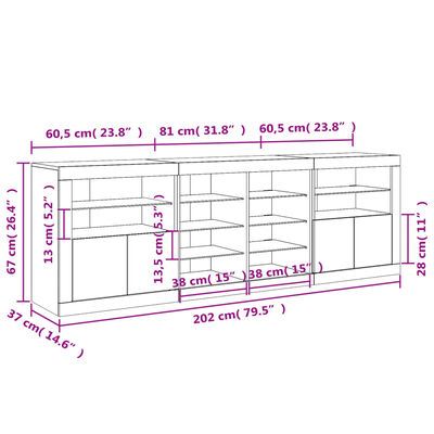 vidaXL Příborník s LED osvětlením bílý 202 x 37 x 67 cm