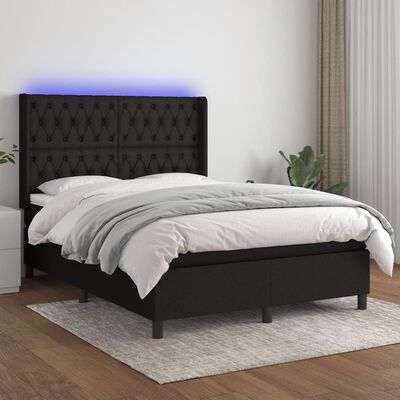 vidaXL Box spring postel s matrací a LED černá 140x200 cm textil