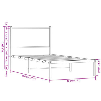 vidaXL Kovový rám postele bez matrace kouřový dub 75 x 190 cm