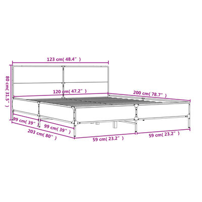 vidaXL Rám postele hnědý dub 120 x 200 cm kompozitní dřevo a kov